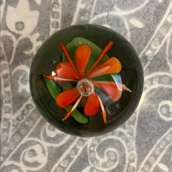 Orange and Green Glass Art Flower paperweight - Picture 2 of 5